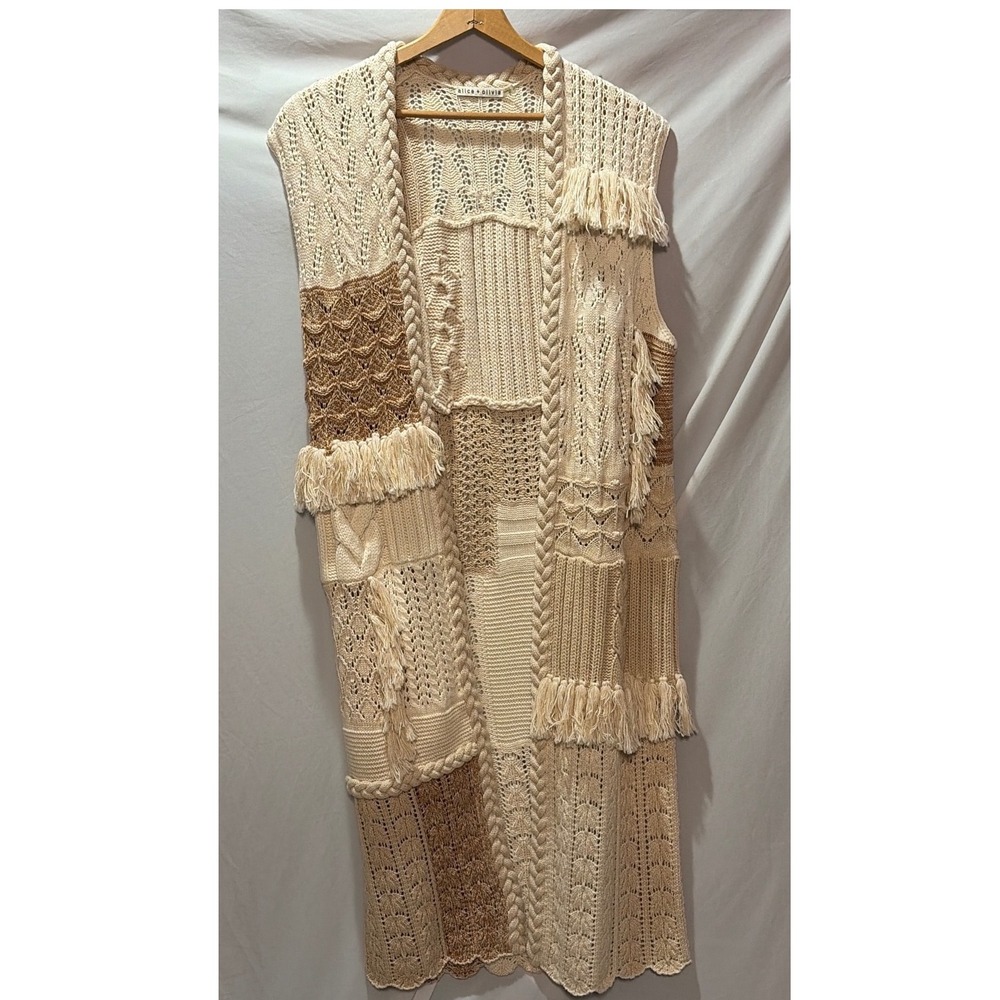 Alice + Olivia Patchwork Knit Duster Vest Fringe Long Cardigan Wool